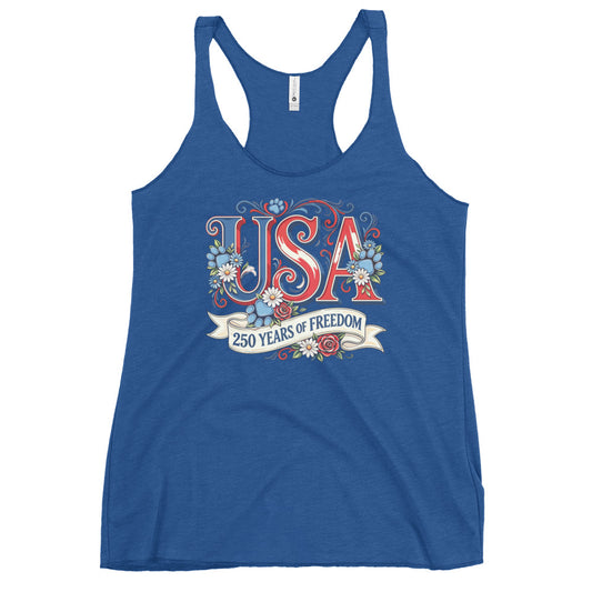 Blue tank top with 'USA 250 Years of Freedom' design on a white background