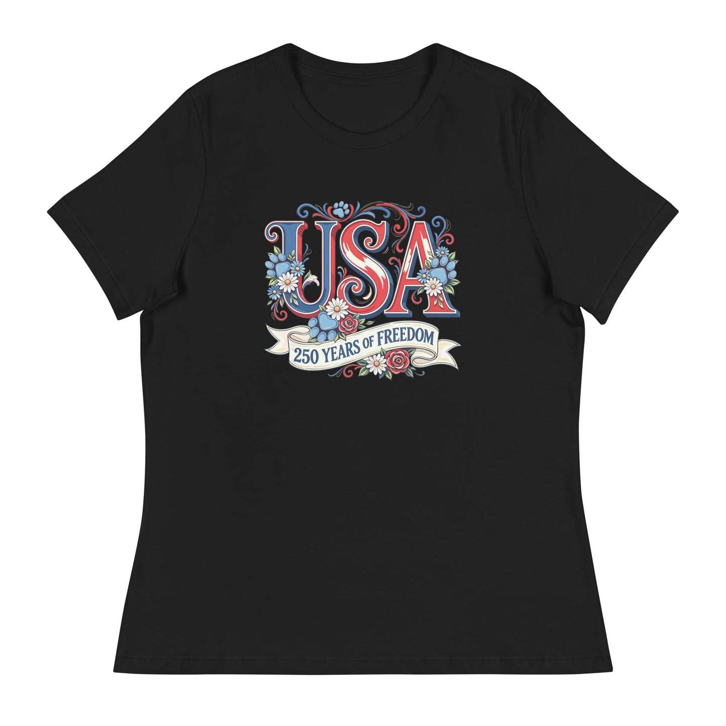 Black t-shirt with 'USA 250 Years of Freedom' design on a white background