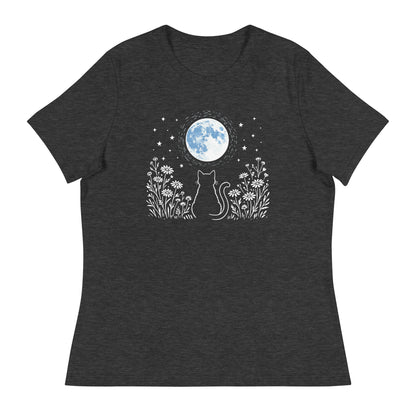 Dark gray t-shirt with a cat and moon design on a white background