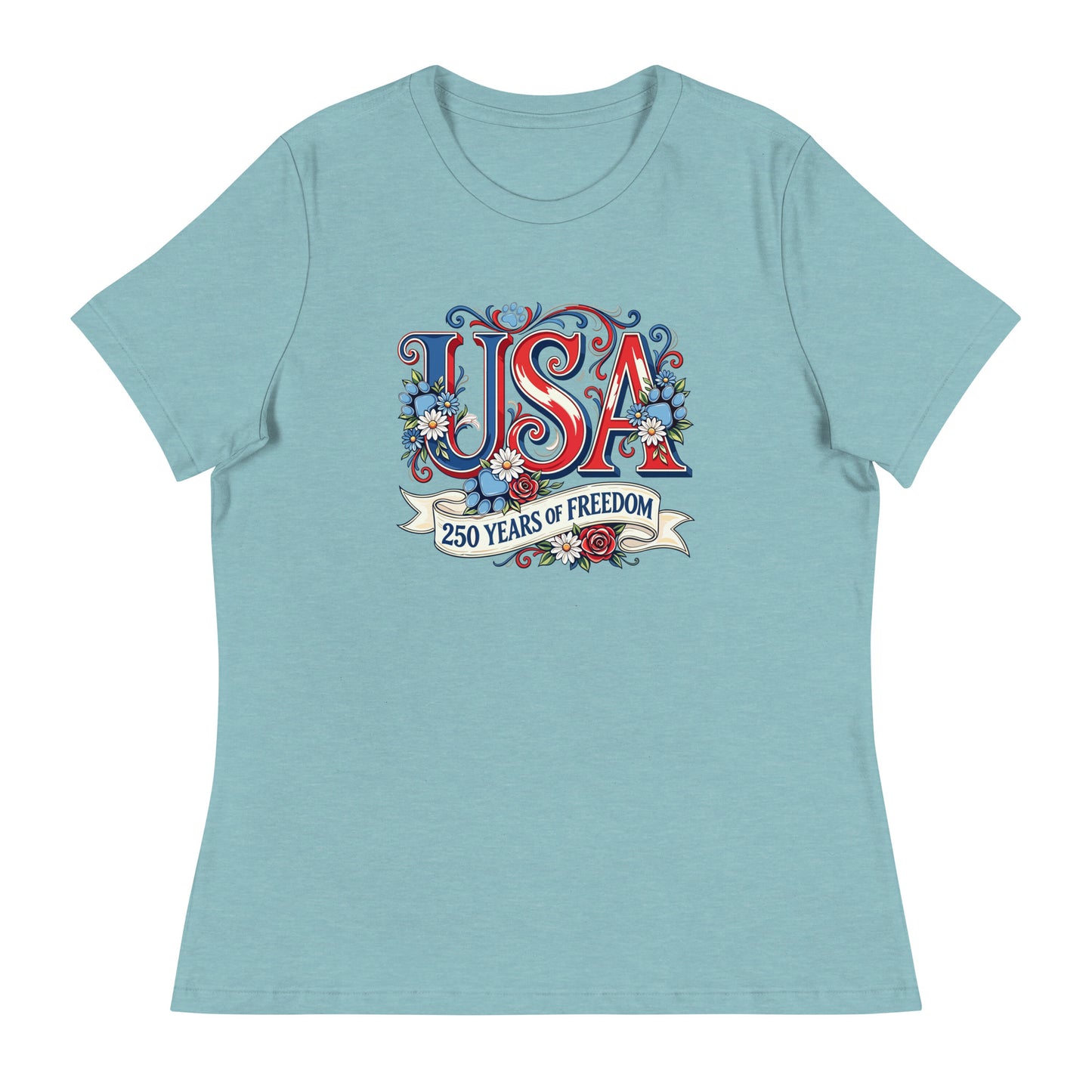 Light blue t-shirt with 'USA 250 Years of Freedom' design on a white background