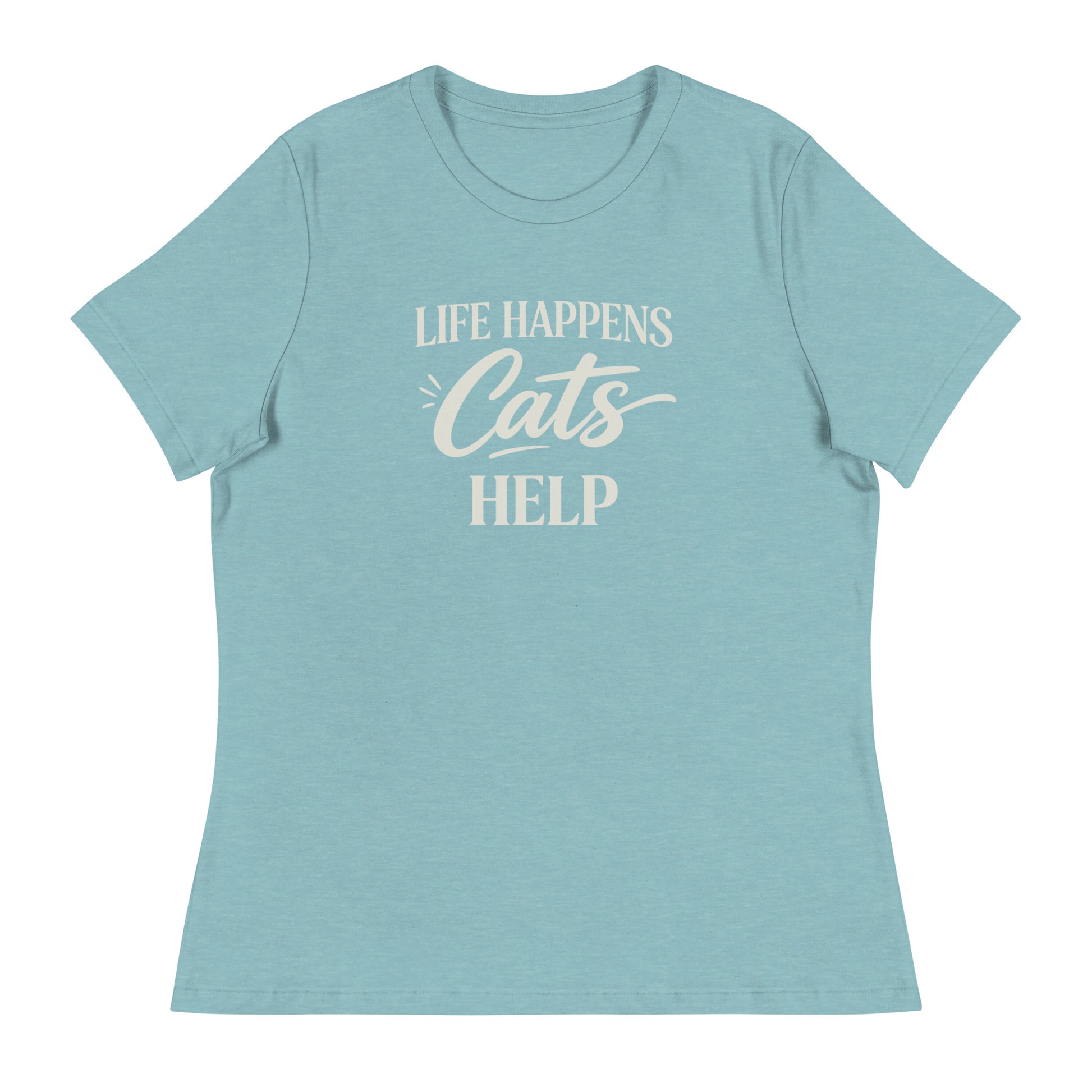 Light blue t-shirt with 'Life happens. Cats help.' text on a white background