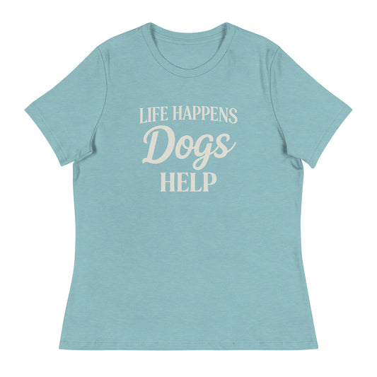 Light blue t-shirt with 'Life Happens Dogs Help' text on a white background