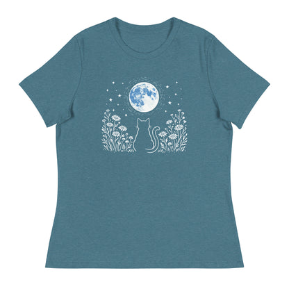Blue t-shirt with a cat and moon design on a white background