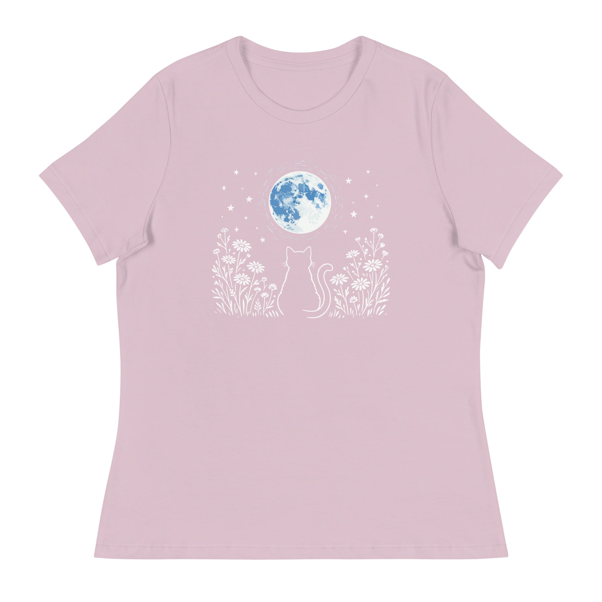 Pink t-shirt with a cat and moon design on a white background