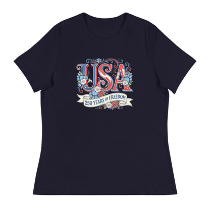 Navy blue t-shirt with 'USA 250 Years of Freedom' design on a white background