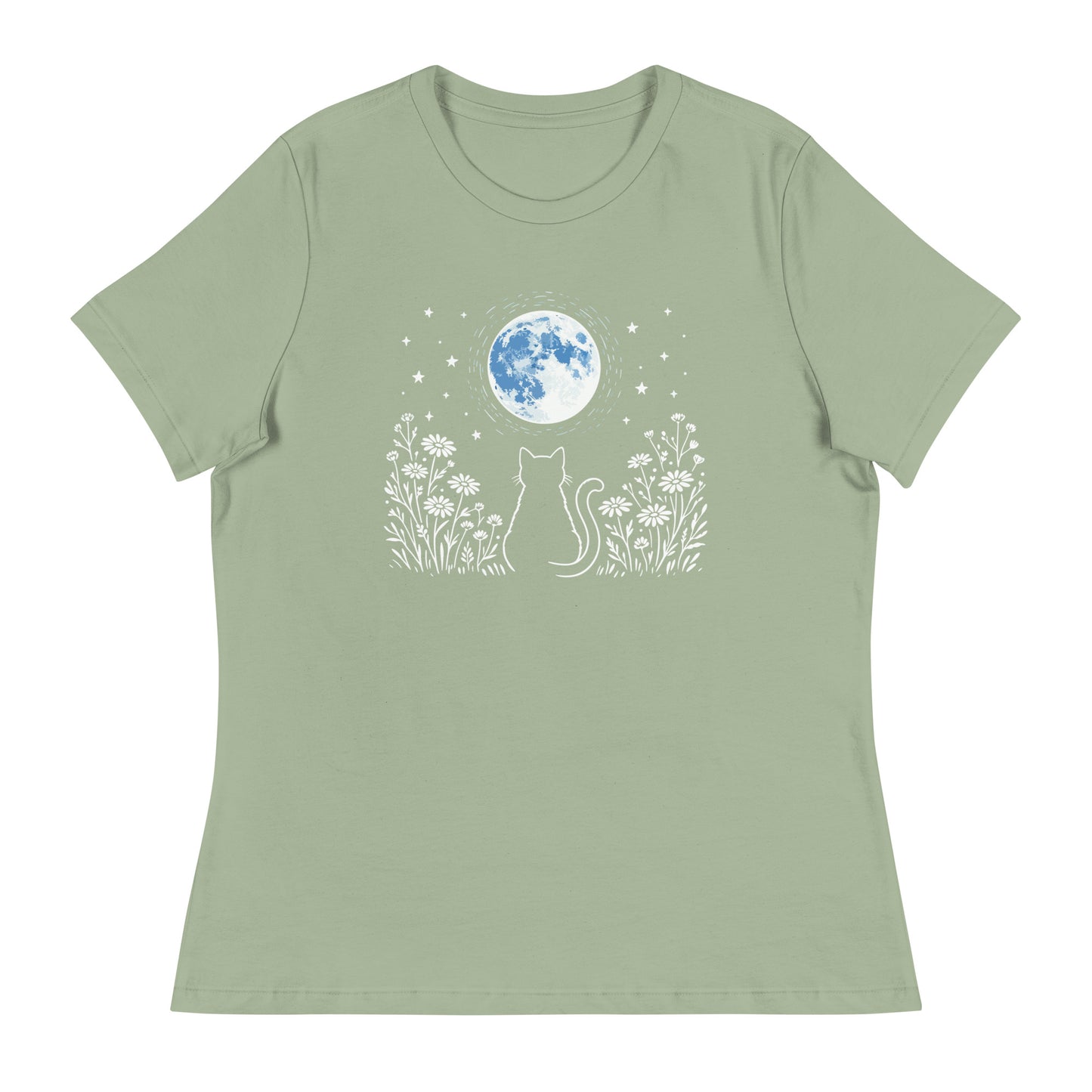 Sage green t-shirt with a cat and moon design on a white background
