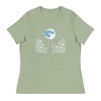 Sage green t-shirt with a cat and moon design on a white background