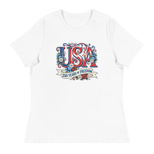 White t-shirt with 'USA 250 Years of Freedom' design on a white background
