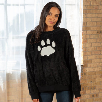 Plush Sherpa Fleece Paw Print Crewneck Pullover