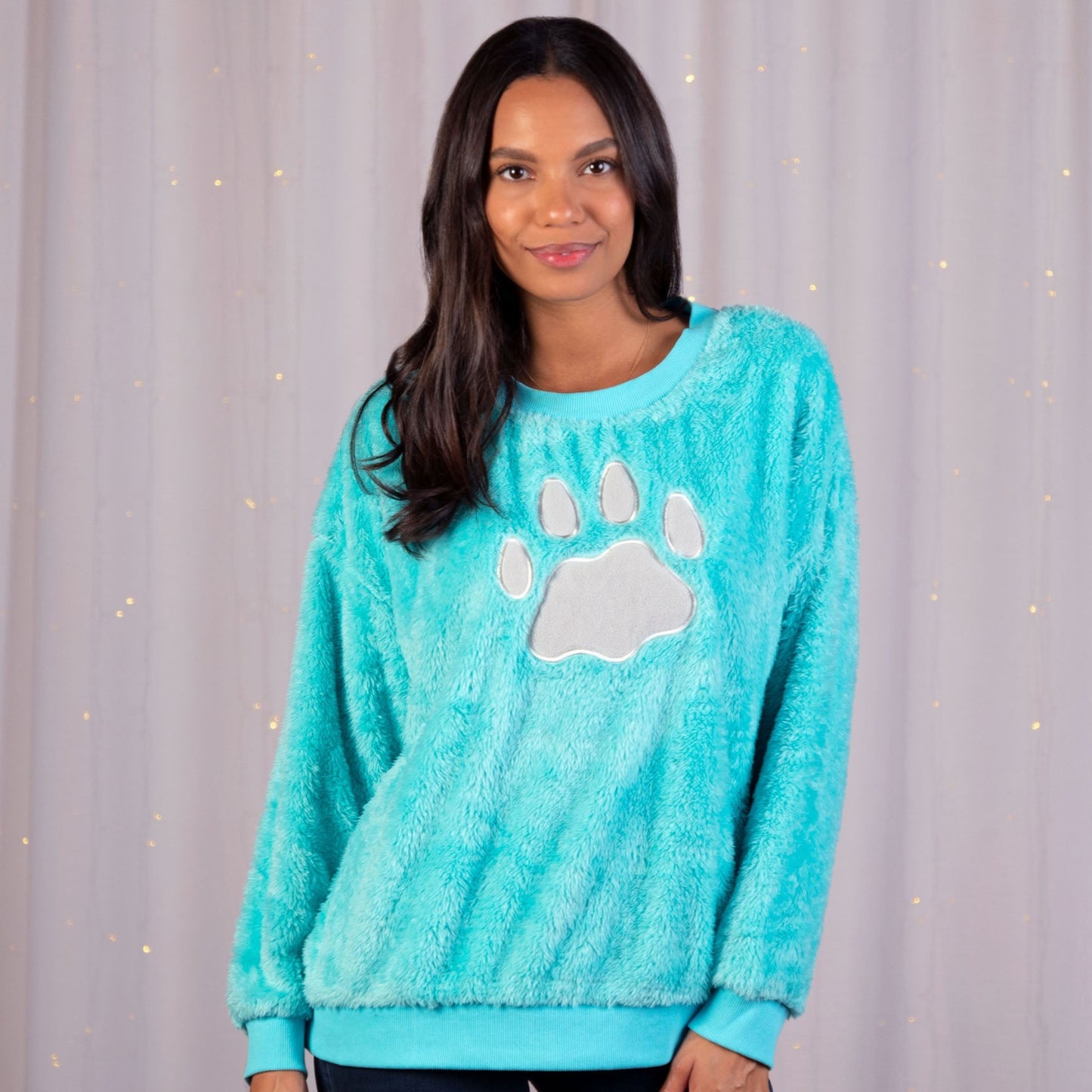 Plush Sherpa Fleece Paw Print Crewneck Pullover