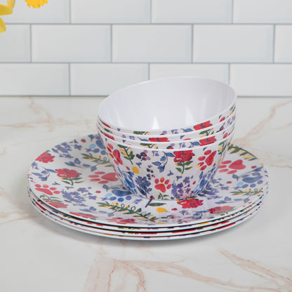 Flower Garden Paws Melamine Dinnerware Set - Set of 4