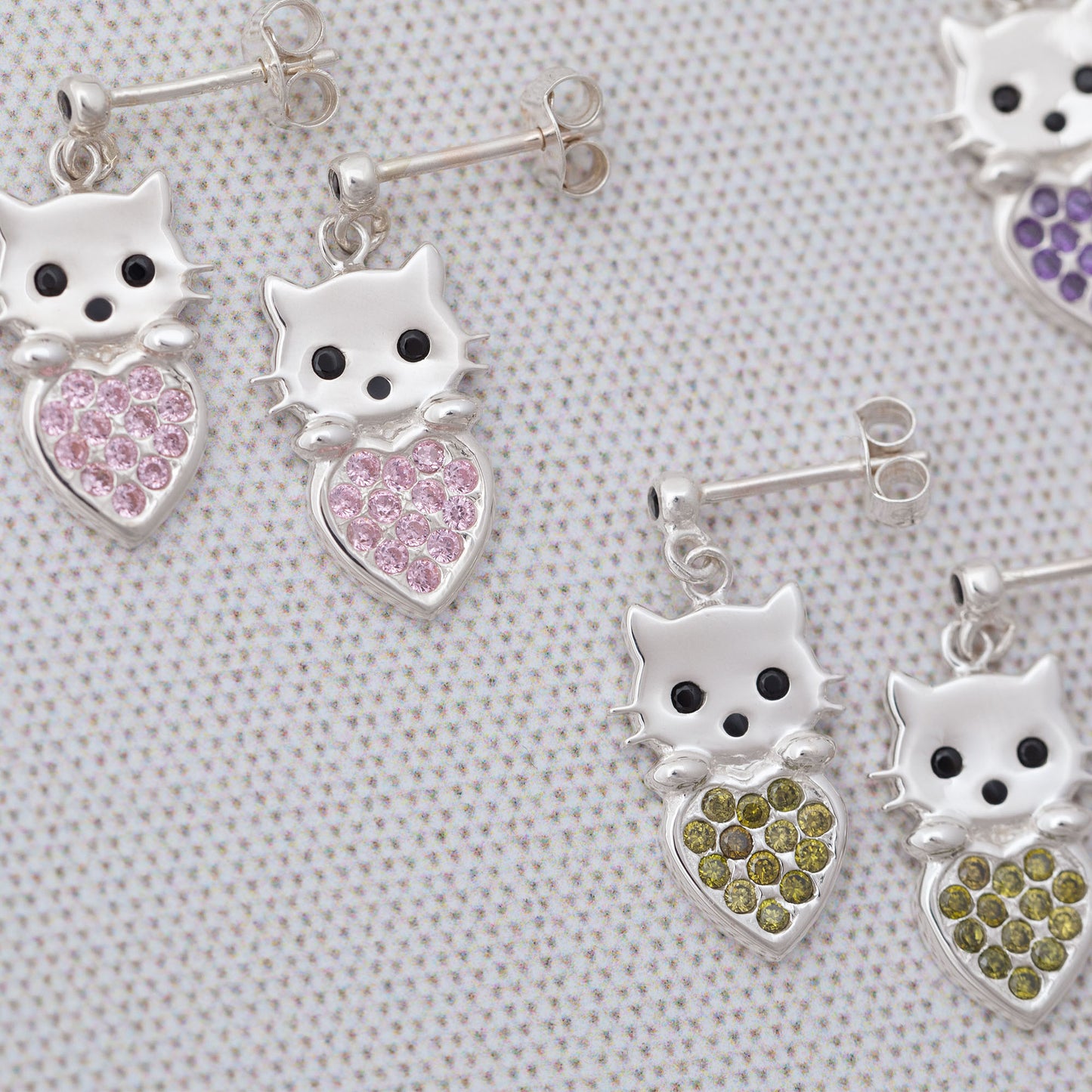 Cat & Heart Birth Month Sterling Earrings