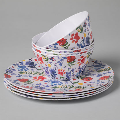 Flower Garden Paws Melamine Dinnerware Set - Set of 4