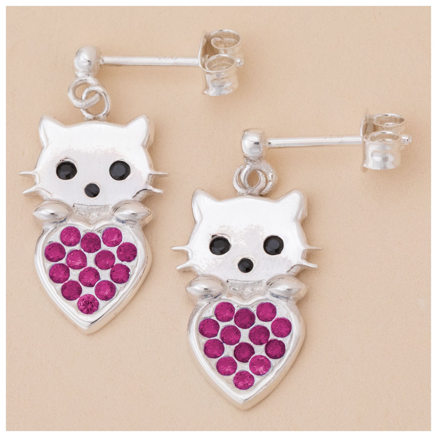 Cat & Heart Birth Month Sterling Earrings