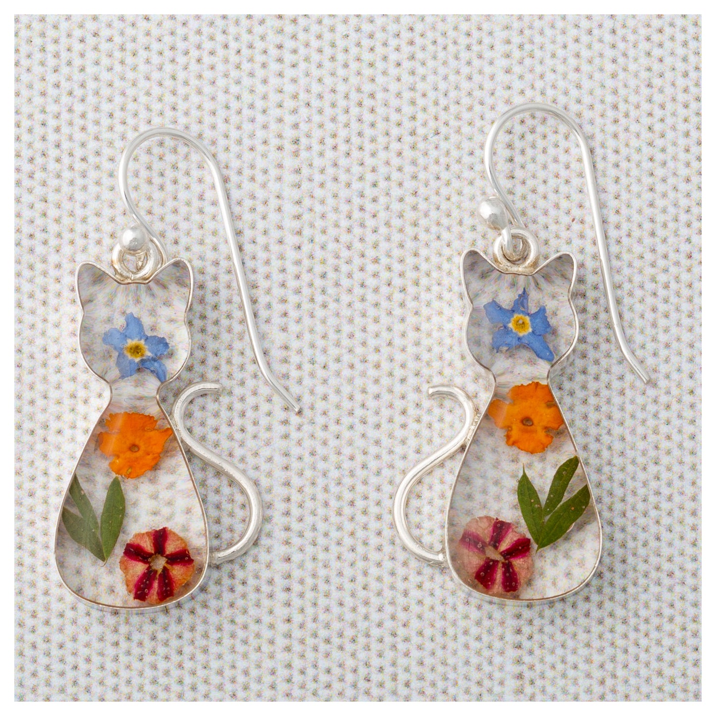 Real Flowers & Sterling Cat Earrings