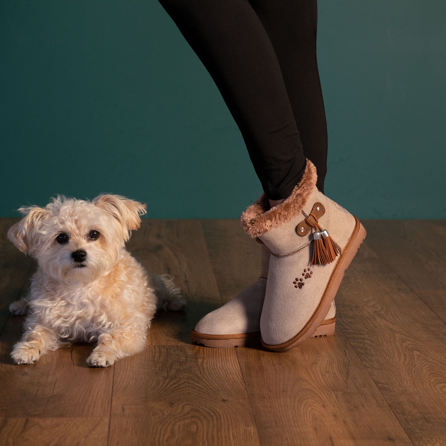 Paw Print Faux Suede Boots With Tassels