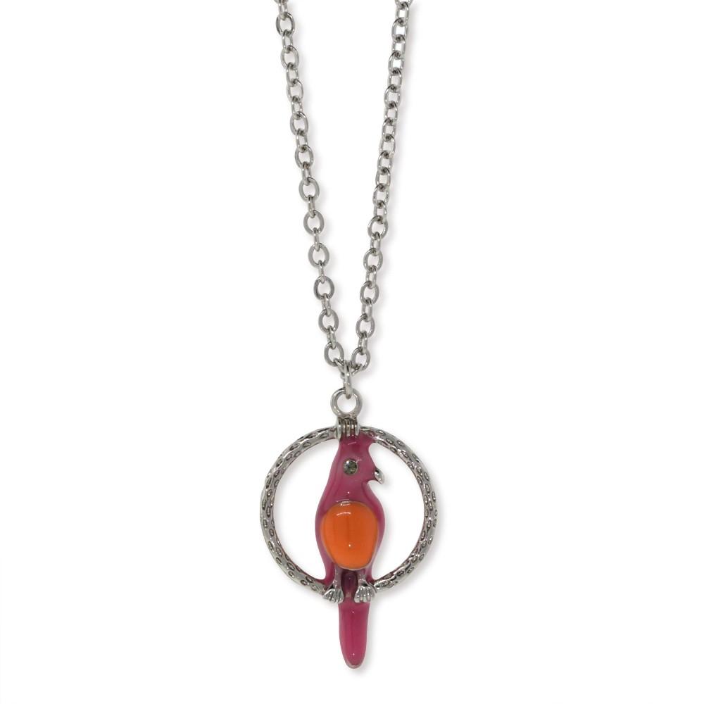 1928 Jewelry&reg; Pewter Orange & Pink Enamel Parrot Hoop Necklace 16"Adj.