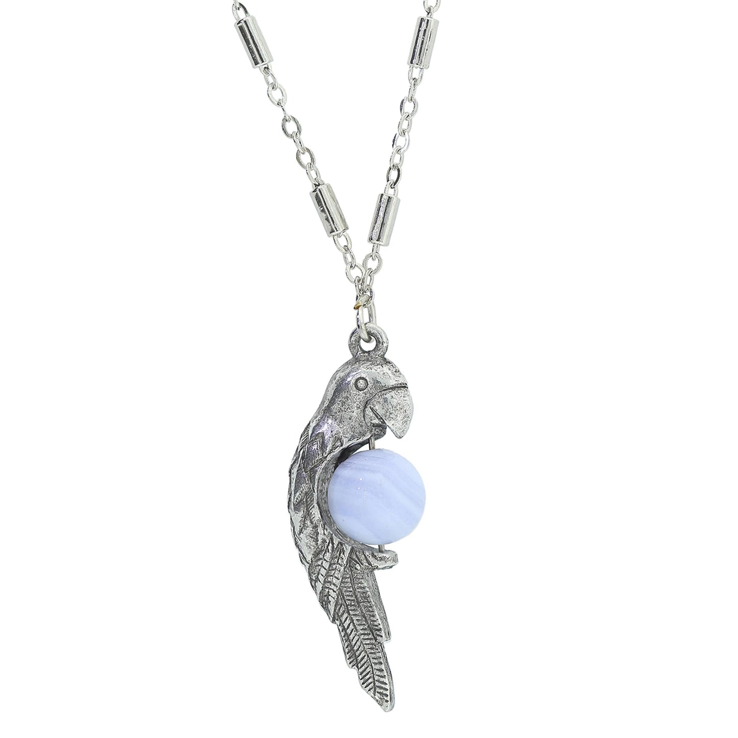 1928 Jewelry&reg; Pewter Parrot With Blue Lace Agat Bead Necklace 16"Adj.