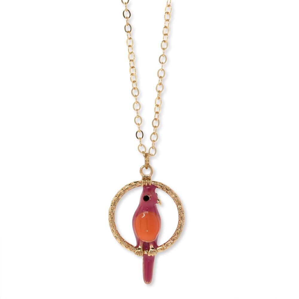 1928 Jewelry&reg; Gold Tone  Orange & Pink Enamel Parrot Hoop Necklace 16"Adj.