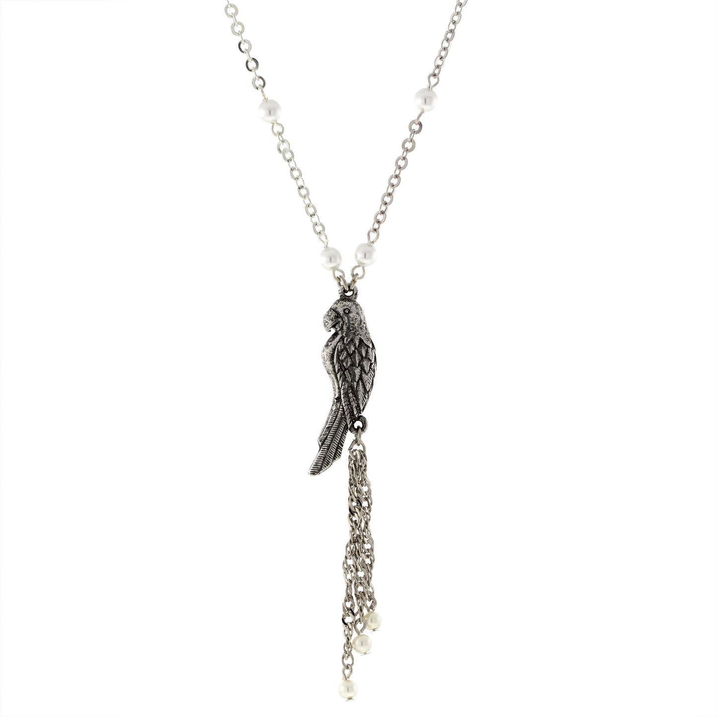 1928 Jewelry&reg; Pewter Parrot With Silver Tone Pearl Chain And Tassel Necklace 16" Adj.