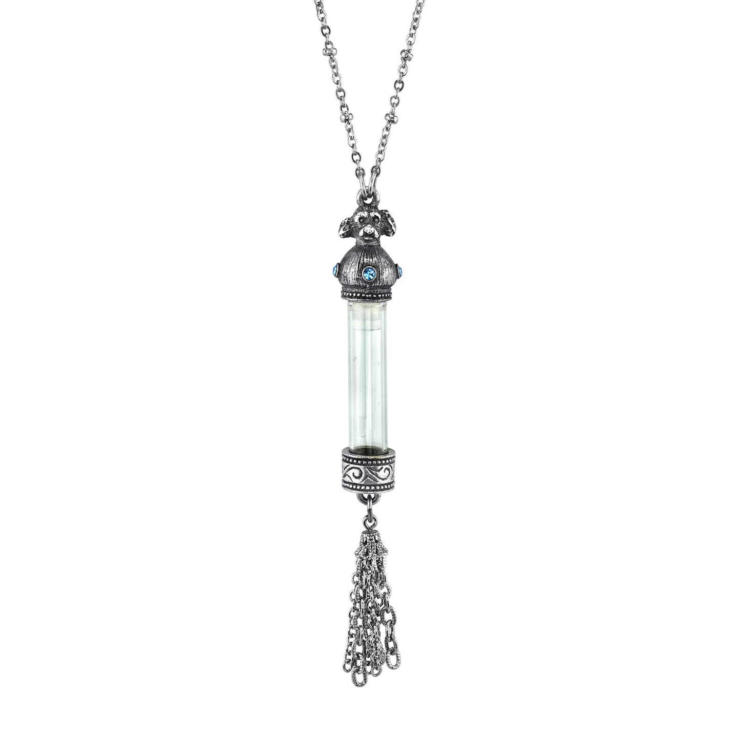 1928 Jewelry&reg; Antiqued Pewter Blue Crystal Cat Vial Tassle Necklace 30In