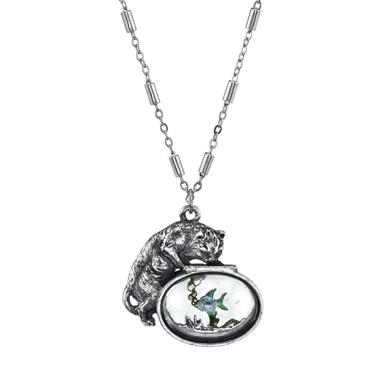 1928 Jewelry&reg; Pewter Cat W/Blue Enamel Fish In Glass Fishbowl Necklace 30In