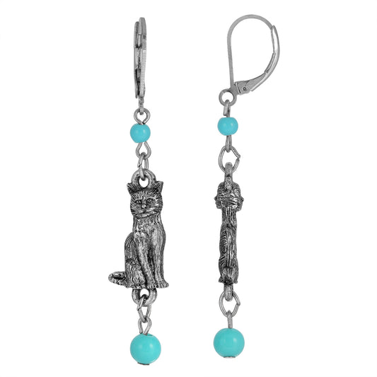 1928 Jewelry&reg; Silver Tone Turquoise Bead Cat Drop Earrings