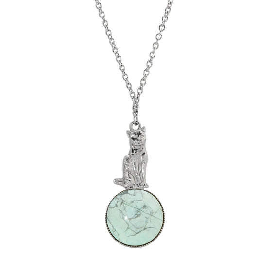 1928 Jewelry&reg; Silver Tone Semi Precious Turquoise Stone Cat 28 Inches Pendant Necklace