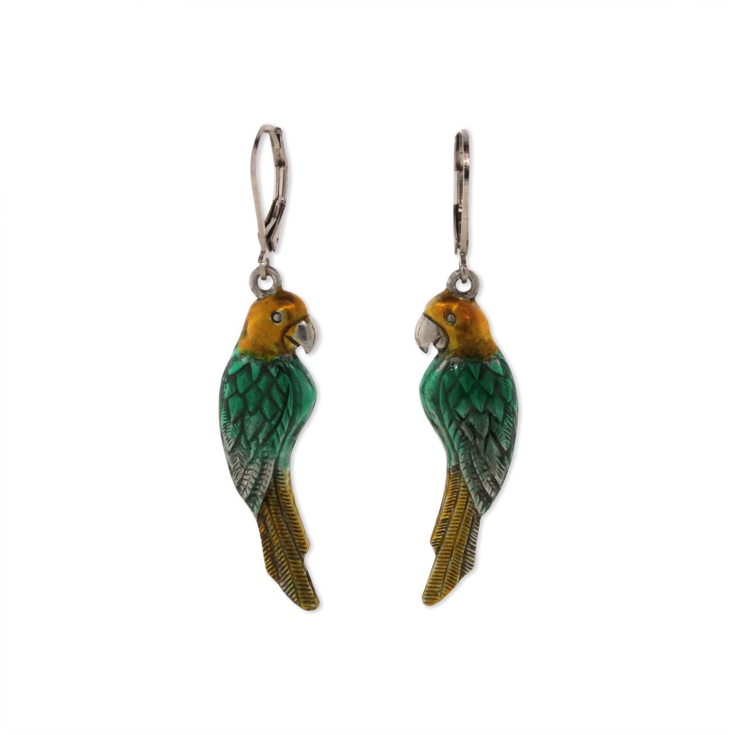 1928 Jewelry&reg; Silver Tone Green/Yellow  Hand Enamel Parrot Earrings
