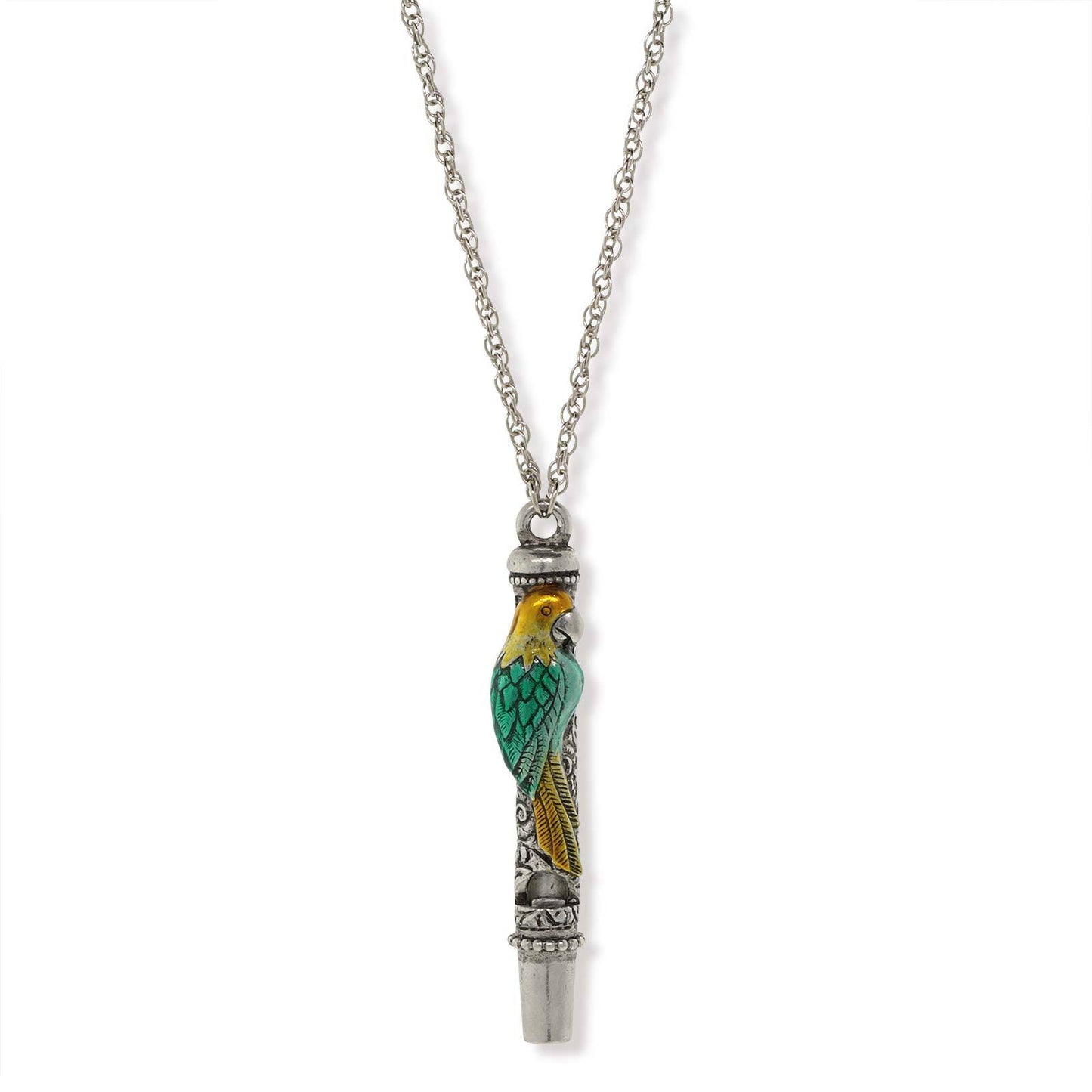 1928 Jewelry&reg; Pewter Green And Yellow Enamle Parrot Whistle Necklace 30"