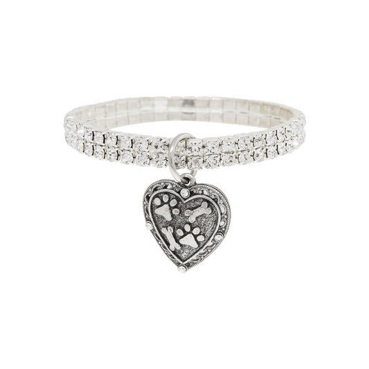 1928 Jewelry&reg; Silvertone Two Row Crystal Stretch Bracelet With Paw And Bones Heart Charm