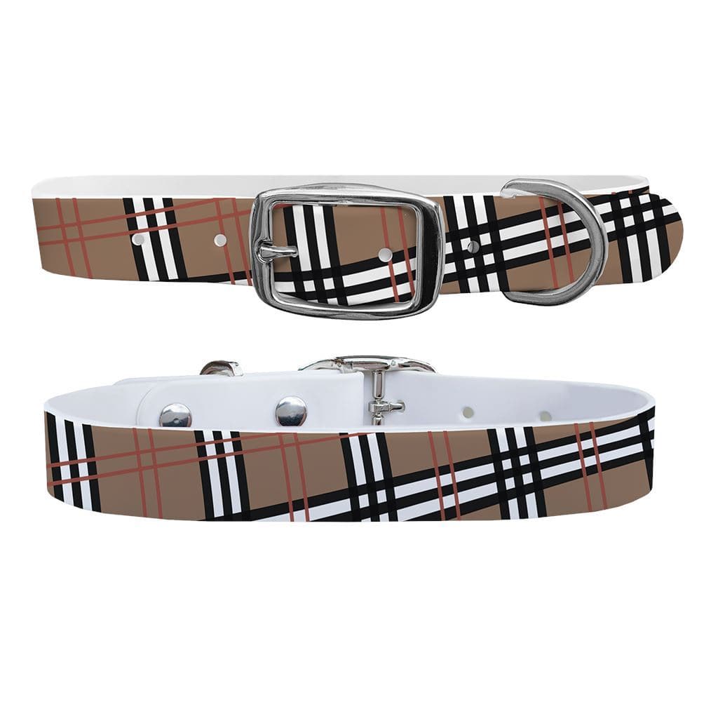 Khaki Plaid Dog Collar With Silver Buckle