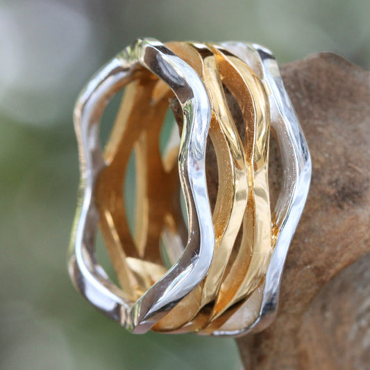 Ocean Waves Sterling Silver & Gold Band Ring
