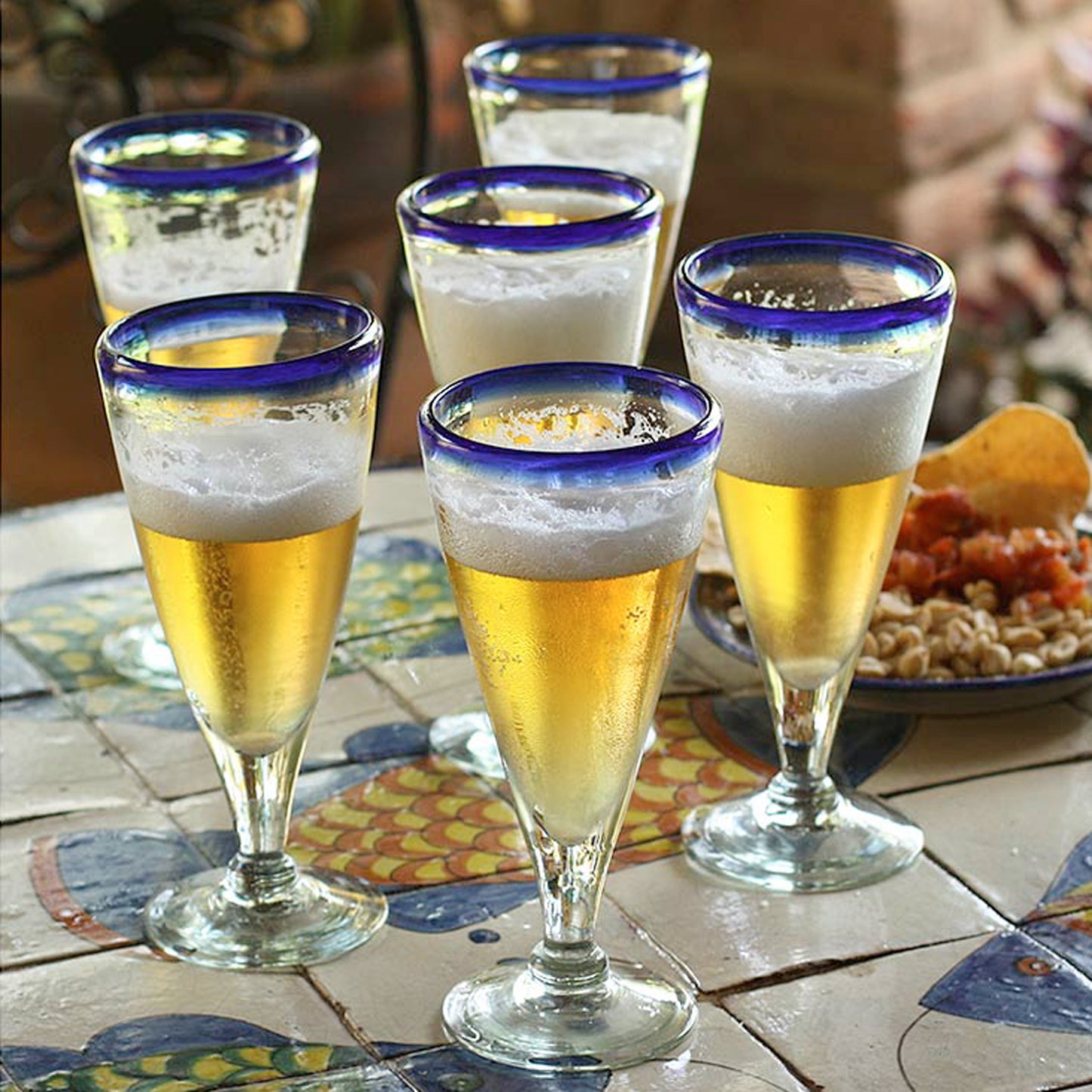 Bohemia Artisan Crafted Recycled Handblown Blue Rim Beer Glasses