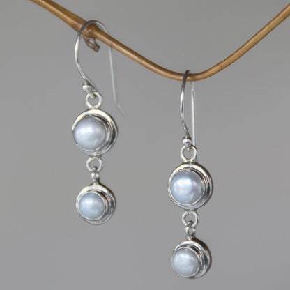 Two Full Moons Pearl & Silver Drop Earrings