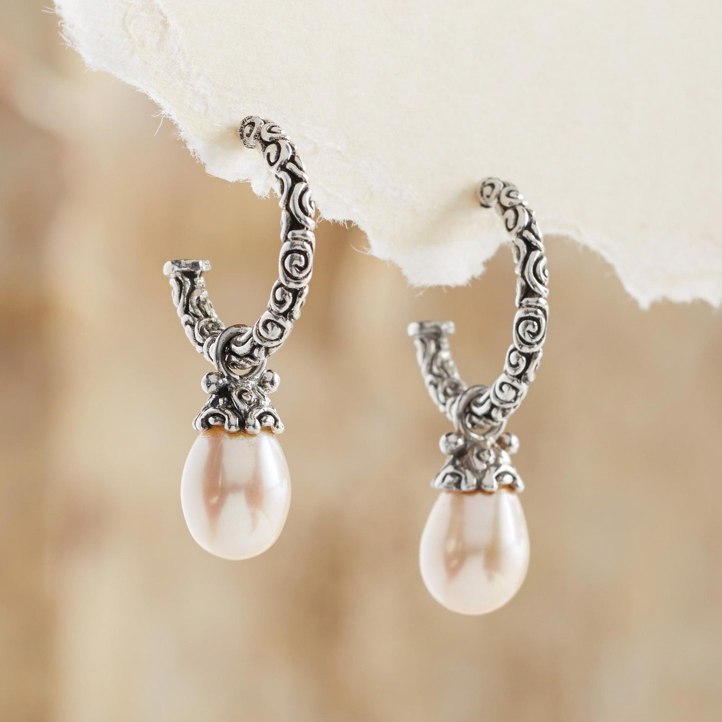 Blushing Rose Pearl Sterling Silver Bridal Earrings