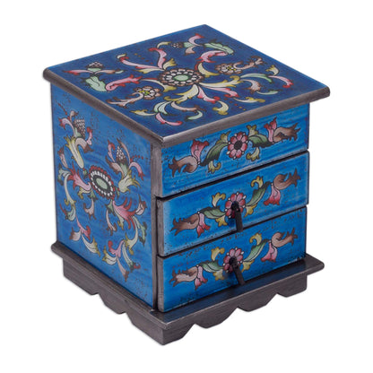 Celestial Blue Reverse Painted Glass Jewelry Box Chest with Mirror