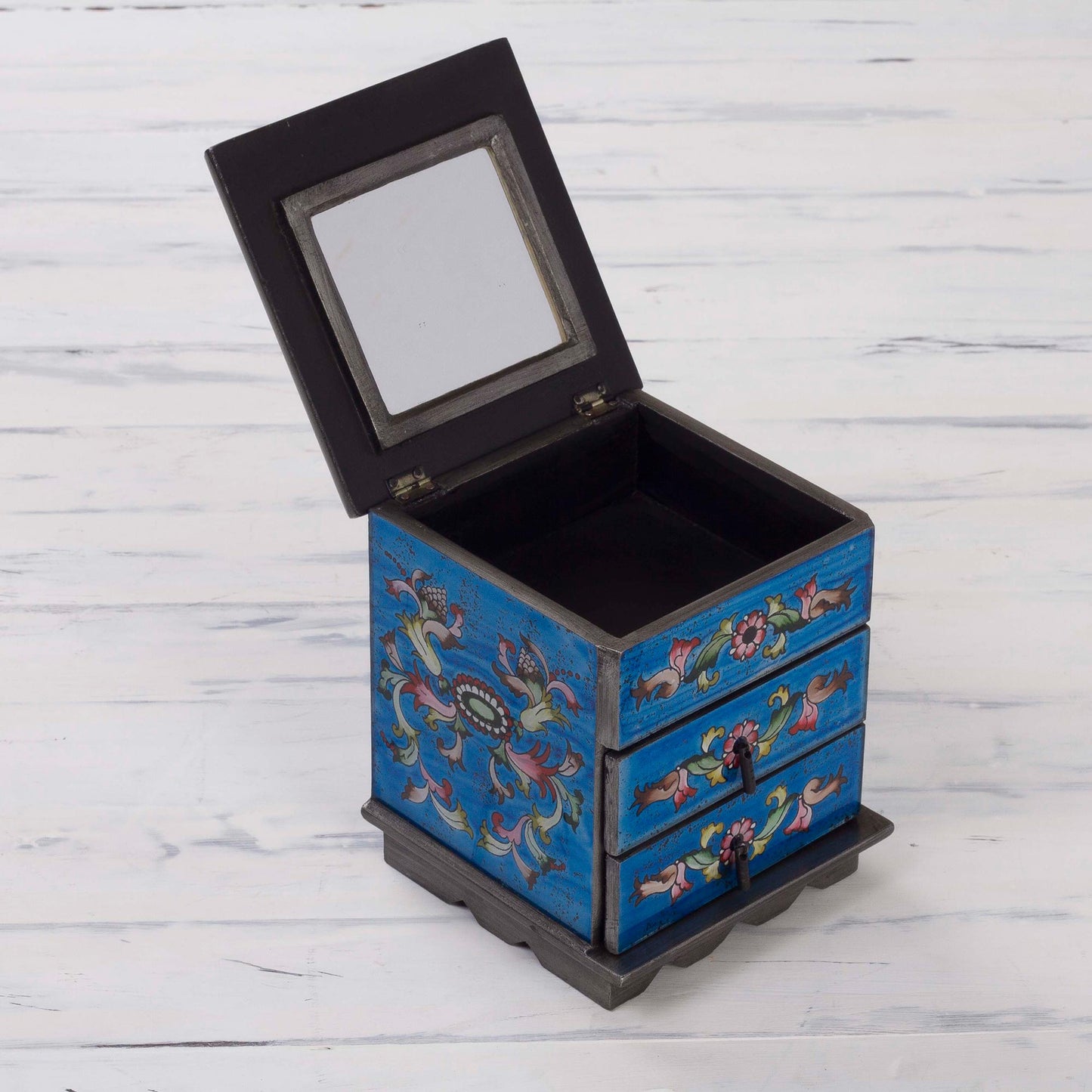 Celestial Blue Reverse Painted Glass Jewelry Box Chest with Mirror