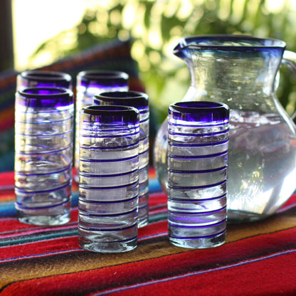 Cobalt Spiral Hand Blown Drinking Glasses Blue Accent Set of 6