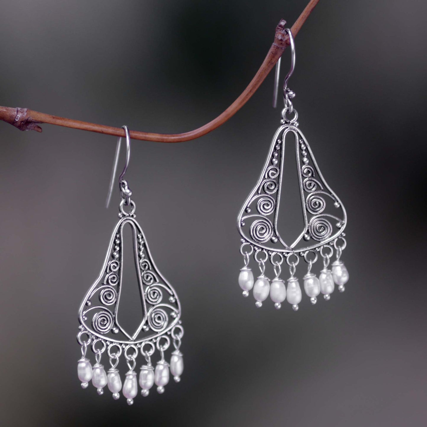 River Mountain Bridal Sterling Silver Pearl Chandelier Earrings