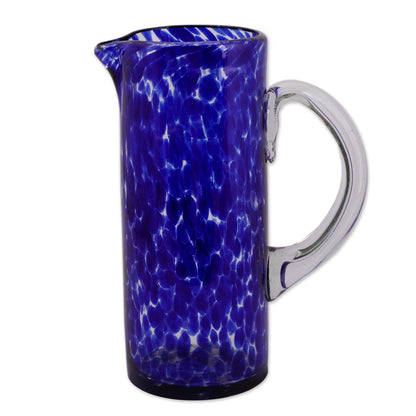 Dotted Blue Hand Blown Glass Pitcher 33 Oz Tall Clear Mexico