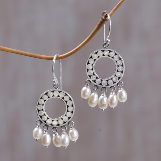 White Moon Aura Pearl & Silver Chandelier Earrings