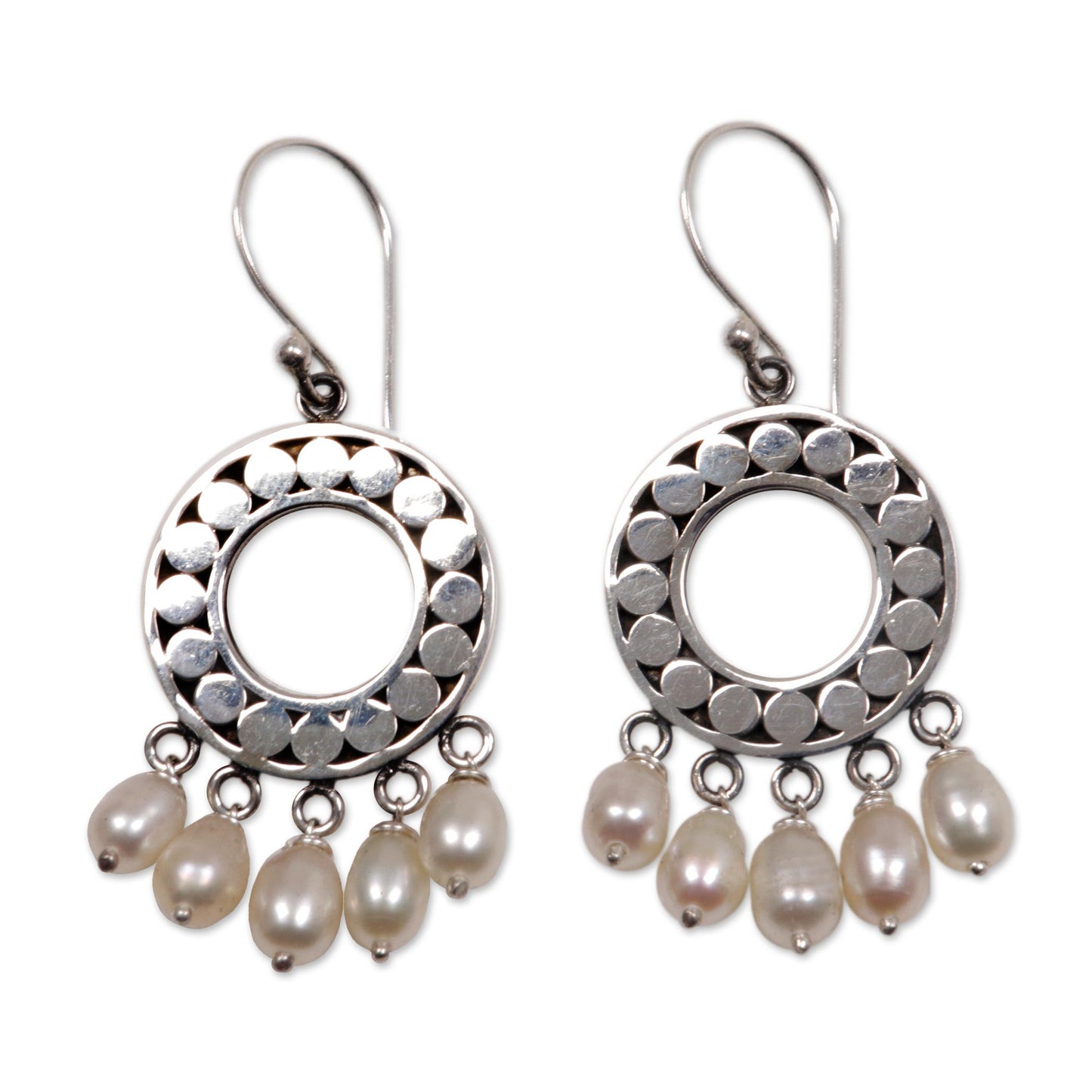 White Moon Aura Pearl & Silver Chandelier Earrings