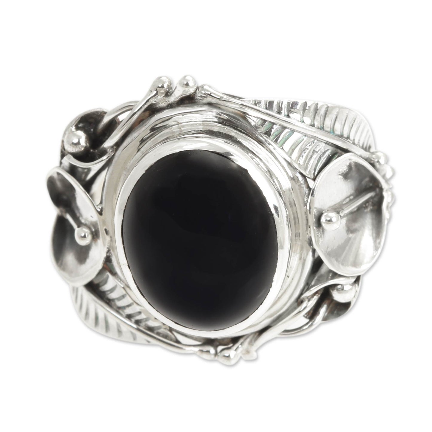 Nest of Lilies Onyx & Silver Cocktail Ring