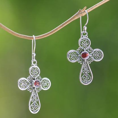 Indonesian Cross Sterling Silver Garnet Cross Earrings