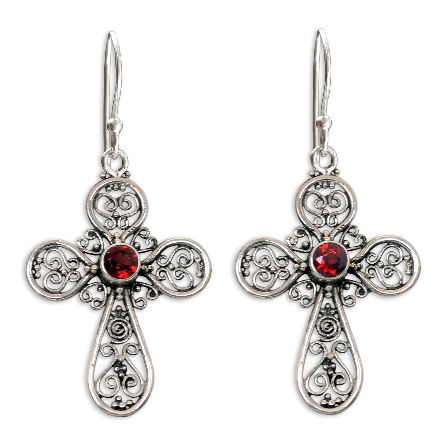 Indonesian Cross Sterling Silver Garnet Cross Earrings