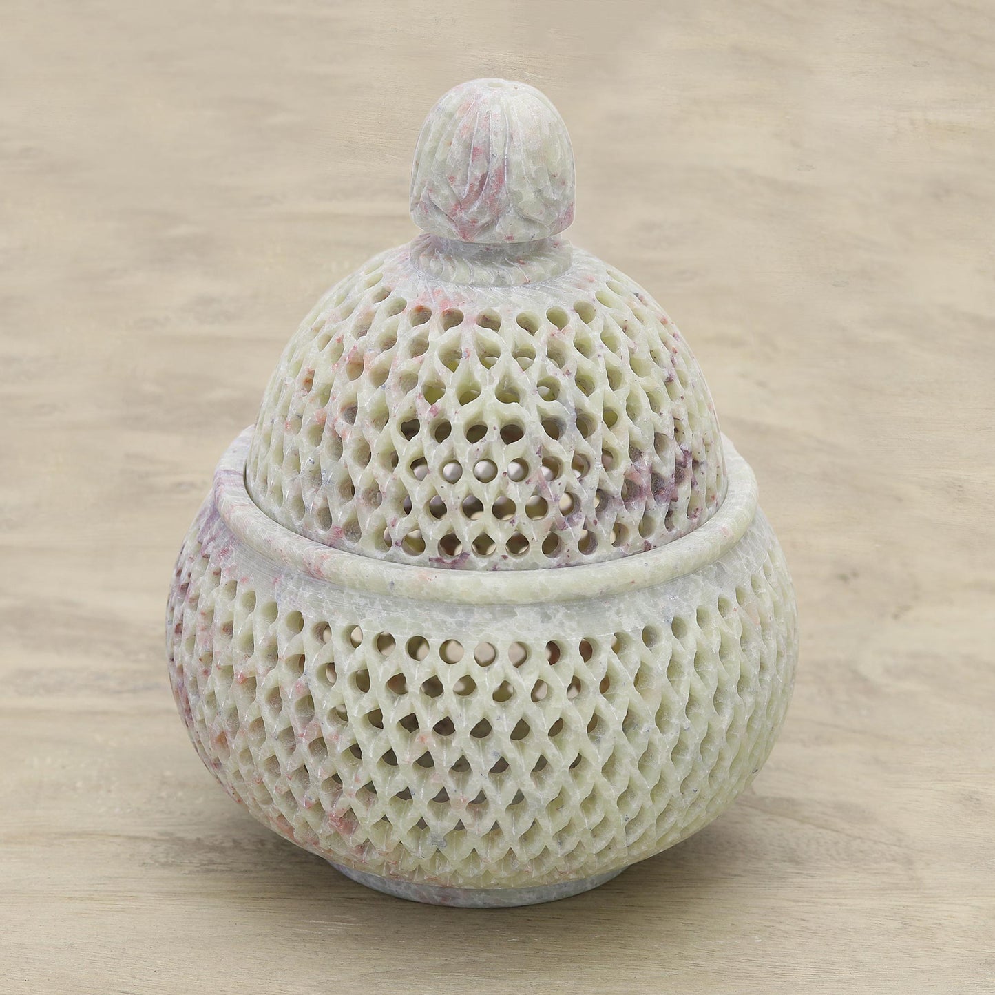 Lattice Lace Handcrafted Jali Soapstone Beige Jar and Bottle (Large)
