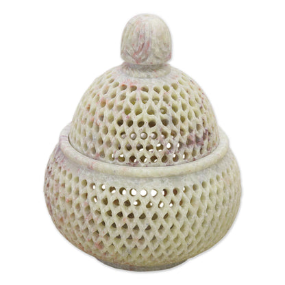 Lattice Lace Handcrafted Jali Soapstone Beige Jar and Bottle (Large)