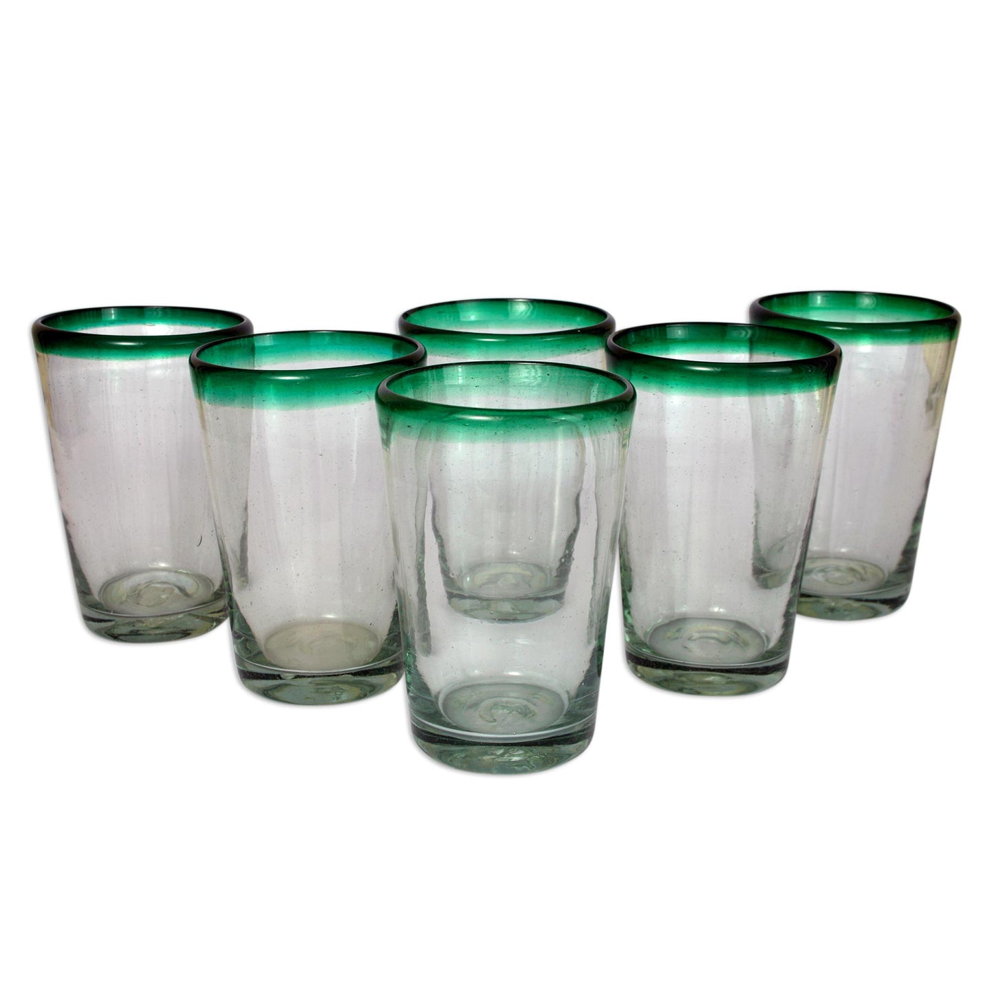 Conical Handblown Glass Clear and Green Water Glasses Set of 6