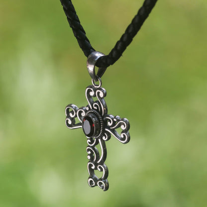 Balinese Cross Silver & Garnet Pendant Necklace
